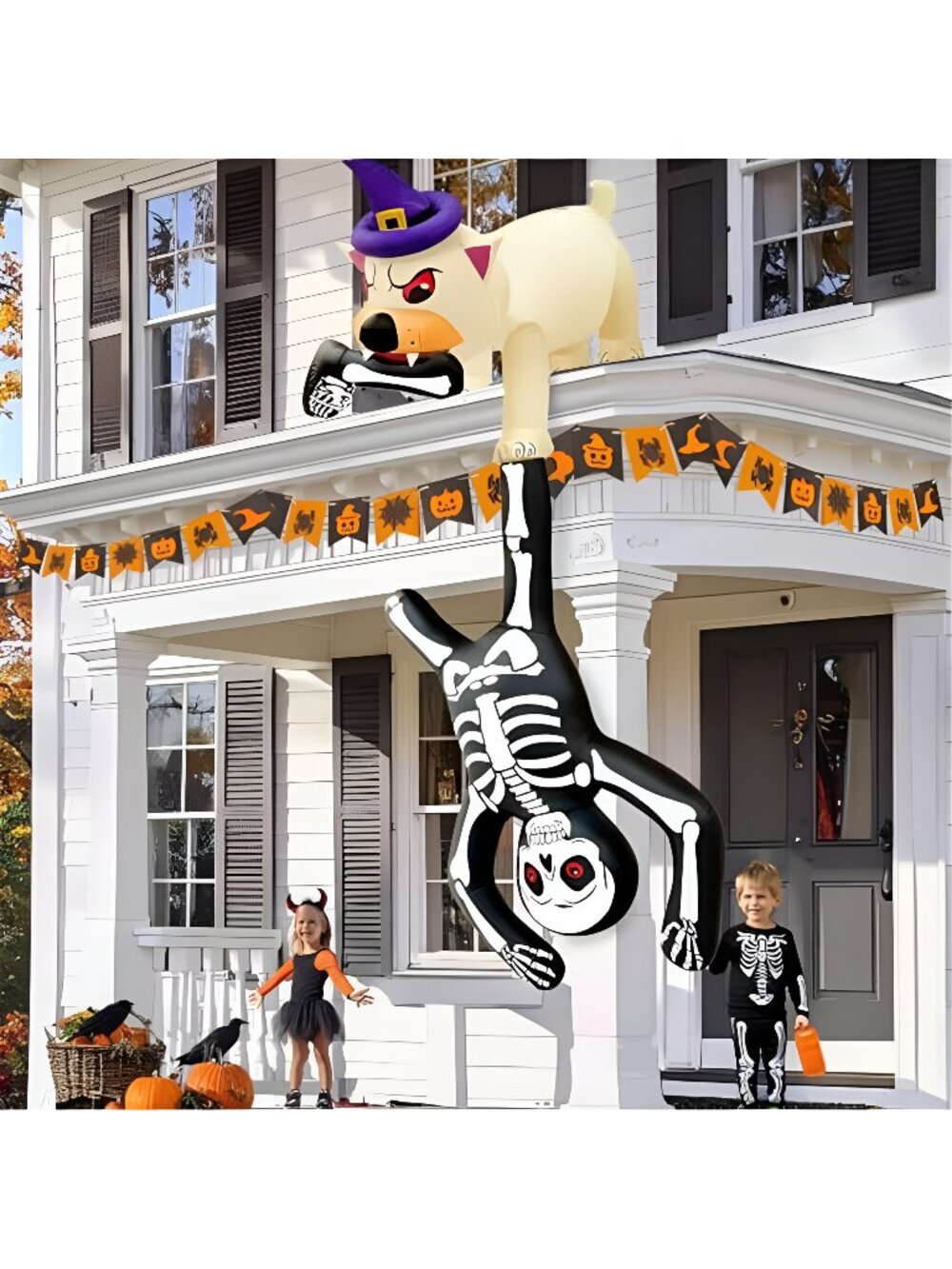 8FT Giant Halloween Inflatables Dog Pulling Skeleton with LED for Lawn Roof